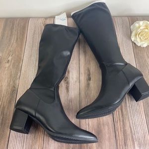 Aqua college black leather pointed toe knee high waterproof boots with heel